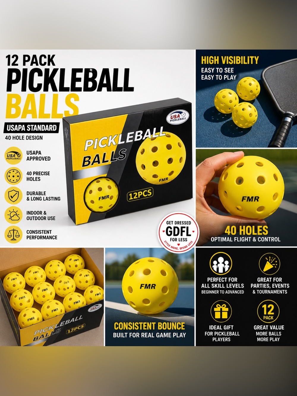 12 Pack Pickleball Balls 40 Hole Outdoor Indoor USAPA Style Yellow Durable Set